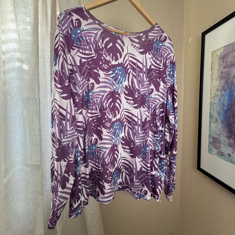 Purple and Blue Leaf Print Long Sleeve Women's Top
